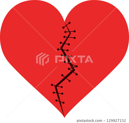 A red heart is shown divided by a dark crack and stitched back together with dark thread. 129927132