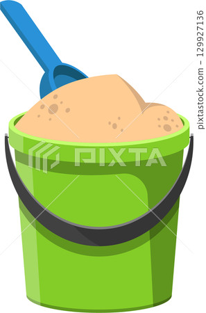 Cartoon illustration: a green bucket overflowing with sand, accompanied by a blue plastic shovel. 129927136