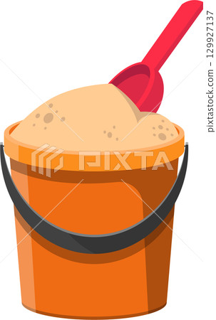 A bucket brimming with sand, accompanied by a red scoop, perfect for beachside fun and play! A bucket brimming with sand, accompanied by a red scoop, perfect for beachside fun and play! 129927137