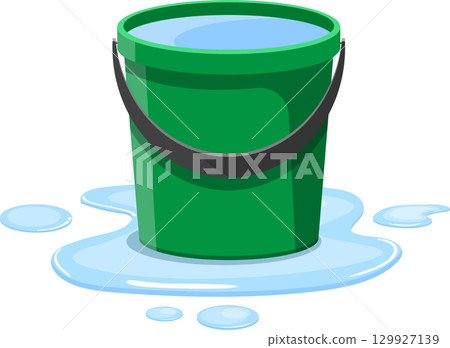 Green bucket filled with water and spilled onto the surface, creating puddles. Bright design. 129927139