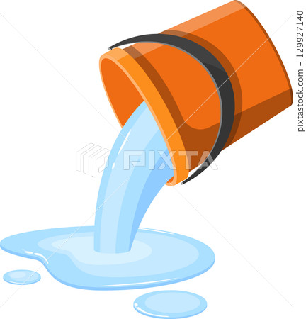 Orange bucket pouring water, creating a puddle on the surface, illustrating liquid and container 129927140