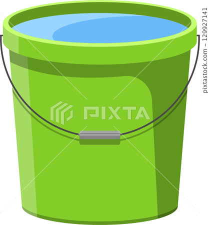 A green bucket filled with blue water, commonly used for cleaning, gardening, or household tasks. 129927141