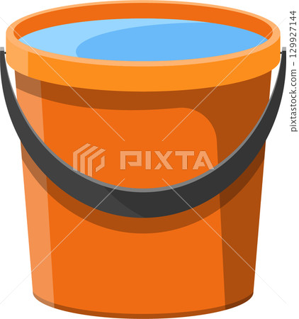 An orange bucket full of water, isolated against a black background, with a gray handle. 129927144