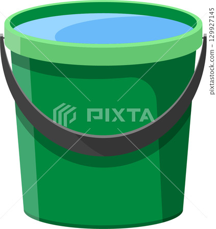 A green bucket filled with blue liquid, showcasing its utility for carrying or holding water. 129927145