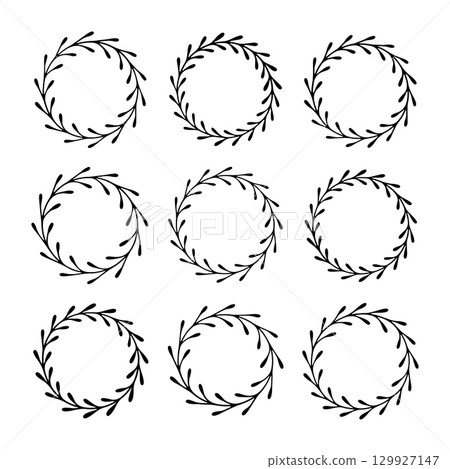 Decorative black leaf wreaths arranged in a grid pattern on a white background for artistic embellishments Decorative black leaf wreaths arranged in a grid pattern on a white background for artistic embellishments 129927147