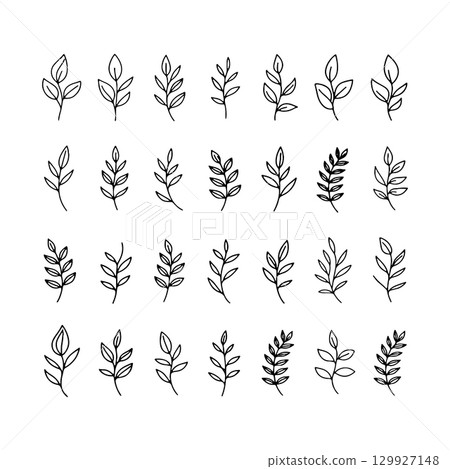 Various simple leaf designs arranged in a grid showcasing natural forms and outlines for artistic inspiration 129927148