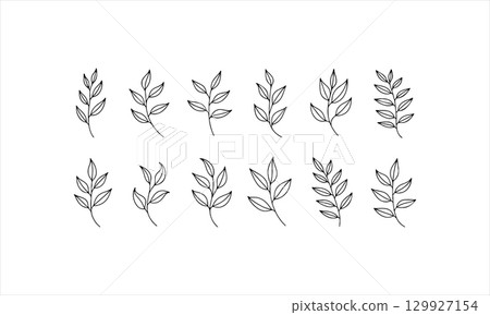 Leaf designs in simple black line art showcasing various leafy patterns on a white background 129927154