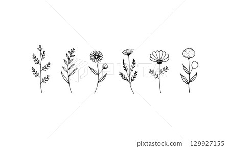 Whimsical Mini Flowers. A lively group of varied small flower icons with playful shapes and organic balance, ideal for fun and casual designs. 129927155