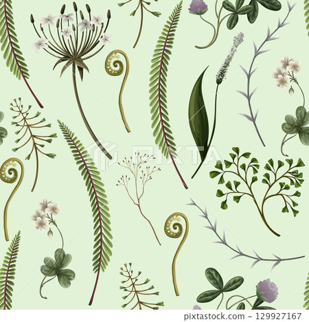 Seamless vector pattern of autumn forest plants, wild berries, clovers, herbs, ferns, and mushrooms 129927167