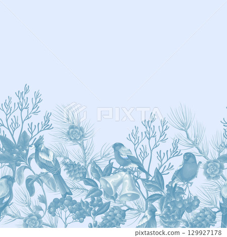 Elegant border in monochrome blue tones featuring birds, pine branches, fir cones, bells, berries, holly, and winter floral elements. Vector. Elegant border in monochrome blue tones featuring birds, pine branches, fir cones, bells, berries, holly, and winter floral elements. Vector. 129927178
