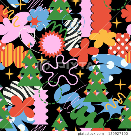 Christmas seamless pattern with quirky doodle simple elements. Vector. 129927190