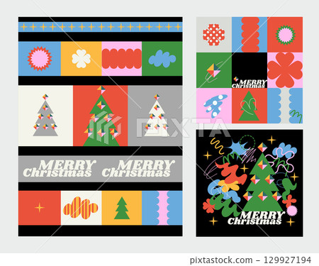 Christmas cards with quirky doodle simple elements. Vector. 129927194