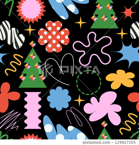 Christmas seamless pattern with quirky doodle simple elements. Vector. 129927205