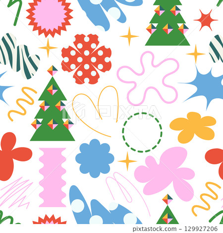 Christmas seamless pattern with quirky doodle simple elements. Vector. 129927206