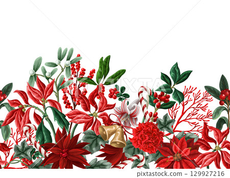 Vector border Christmas pattern with bells candy flowers leaves background 129927216