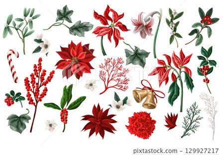 Vector red Christmas elements set with birds flowers and berries. 129927217