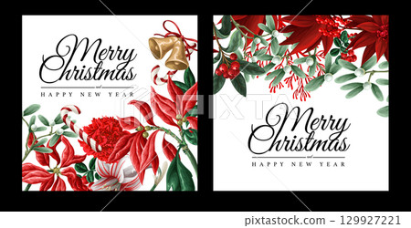Vector Christmas floral card set with red flowers and candy. Vector Christmas floral card set with red flowers and candy. 129927221