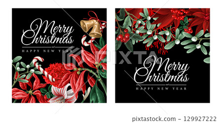 Vector Christmas floral card set with red flowers and candy. Vector Christmas floral card set with red flowers and candy. 129927222