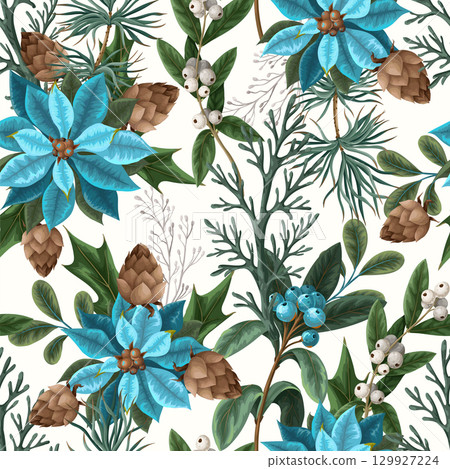 Seamless pattern with poinsettia, pines and hollyberries. Christmas background 129927224