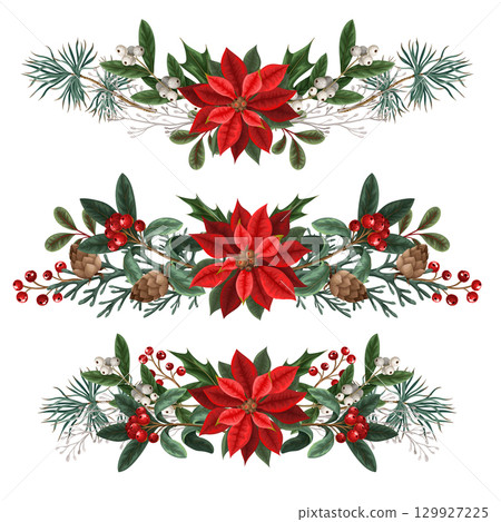 Bouquets with botanical berries, pines and leaves for Christmas design isolated. 129927225