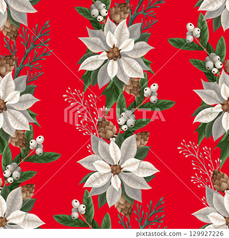 Seamless pattern with poinsettia, pines and hollyberries. Christmas background. 129927226