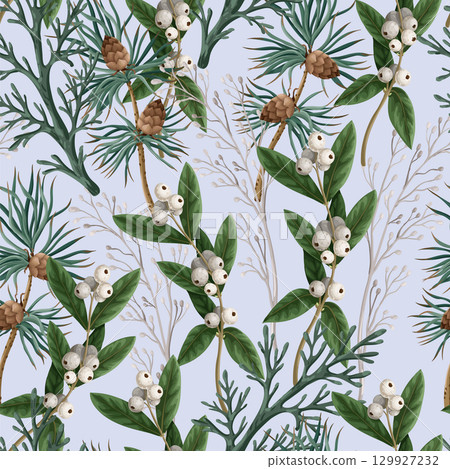 Seamless pattern with botanical pines and hollyberries. Christmas background. Seamless pattern with botanical pines and hollyberries. Christmas background. 129927232
