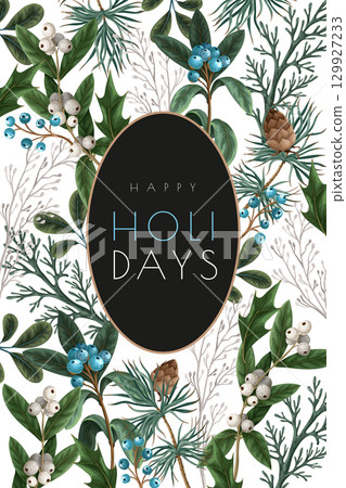 Christmas greeting card or poster with botanical berries, pines and leaves. 129927233