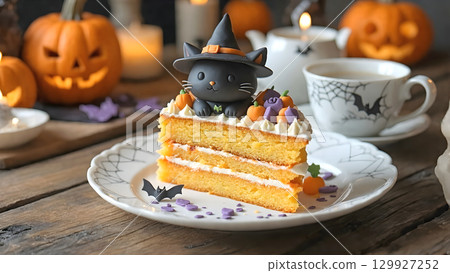 Black cat marzipan and Halloween cake 129927252