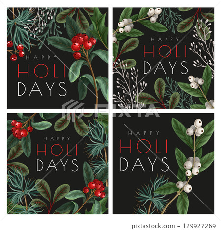 Christmas greeting card or poster with botanical berries, pines and leaves. Christmas greeting card or poster with botanical berries, pines and leaves. 129927269