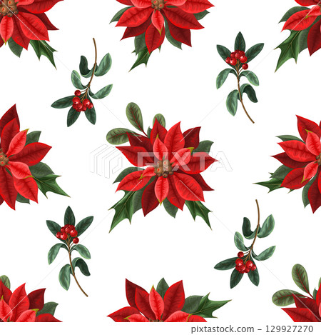 Seamless pattern with poinsettia, pines and hollyberries. Christmas background. Seamless pattern with poinsettia, pines and hollyberries. Christmas background. 129927270