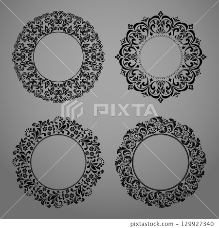 Set of decorative frames Elegant vector element for design in Eastern style, place for text. Floral black and gray borders. Lace illustration for invitations and greeting cards Set of decorative frames Elegant vector element for design in Eastern style, place for text. Floral black and gray borders. Lace illustration for invitations and greeting cards 129927340