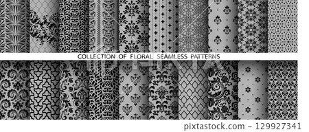 Geometric floral set of seamless patterns. Gray and black vector backgrounds. Damask graphic ornaments Geometric floral set of seamless patterns. Gray and black vector backgrounds. Damask graphic ornaments 129927341