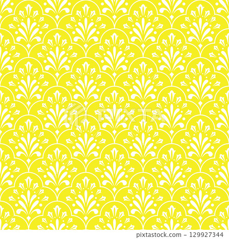 Flower geometric pattern. Seamless vector background. White and yellow ornament Flower geometric pattern. Seamless vector background. White and yellow ornament 129927344