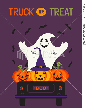 Halloween Spooky Truck or Treat Cute vector poster. Holiday truck with ghost, pumpkins, spider, bats scary characters cartoon design element illustration. Happy Halloween holiday fun event background Halloween Spooky Truck or Treat Cute vector poster. Holiday truck with ghost, pumpkins, spider, bats scary characters cartoon design element illustration. Happy Halloween holiday fun event background 129927367