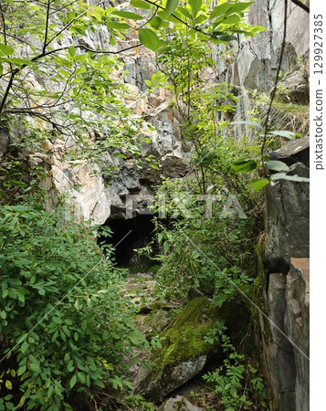 Mysterious Cave Entrance Surrounded by Lush Greenery and Rocky Cliffs, a Natural Wonder Scene 129927385