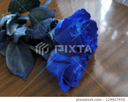 Elegant Blue Roses on Wood Surface A Symbol of Mystery, Romance, and Unique Beauty. 129927458