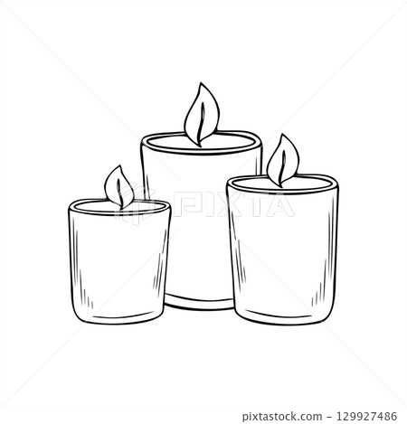 Burning soy wax candles in glass jar hand drawn vector illustration. Etching drawing of Christmas or meditative natural scented elements. For wellness product, home decor, mindful relaxation theme Burning soy wax candles in glass jar hand drawn vector illustration. Etching drawing of Christmas or meditative natural scented elements. For wellness product, home decor, mindful relaxation theme 129927486