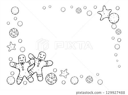 Christmas cookies outline vector isolated horizontal border. Monochrome gingerbread man, cookies in star and round shapes etching drawing. Sweet pastry dessert frame with copy space for text 129927488