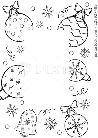 Merry Christmas and Happy New Year vector greeting card in black and white style. Xmas tree balls, snowflakes, decorations vertical rectangle frame with empty space for text. Holiday invitations Merry Christmas and Happy New Year vector greeting card in black and white style. Xmas tree balls, snowflakes, decorations vertical rectangle frame with empty space for text. Holiday invitations 129927489
