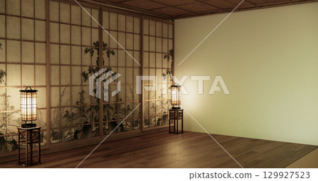 Architecture and interior concept Empty room and wood panels wall background 3D illustration rendering 129927523