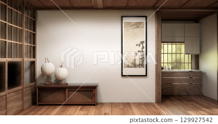 Wooden cabinet in Muji empty room, Japandi minimal designs. 3D rendering Wooden cabinet in Muji empty room, Japandi minimal designs. 3D rendering 129927542