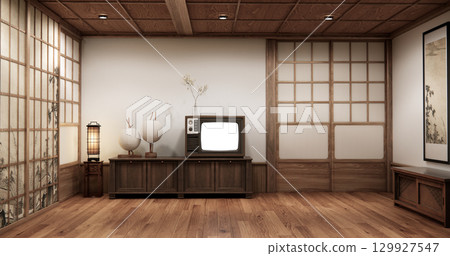 Wooden cabinet in Muji empty room, Japandi minimal designs. 3D rendering Wooden cabinet in Muji empty room, Japandi minimal designs. 3D rendering 129927547