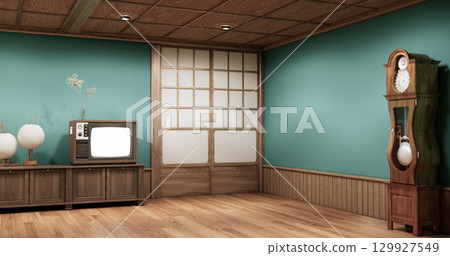 Mint room Minimalist Japanese interior with wooden elements and natural light through shoji doors. 3D rendering 129927549