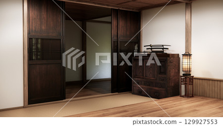 Architecture and interior concept Empty room and wood panels wall background 3D illustration rendering 129927553