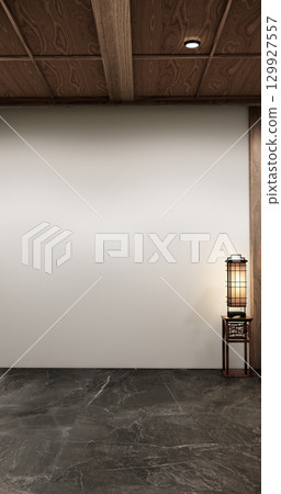 Architecture and interior concept Empty room wood docoration wall on granite floor. 3D illustration rendering 129927557