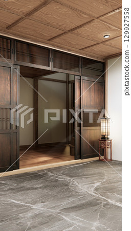 Architecture and interior concept Empty room wood docoration wall on granite floor. 3D illustration rendering Architecture and interior concept Empty room wood docoration wall on granite floor. 3D illustration rendering 129927558