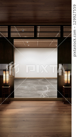Architecture and interior concept Empty room wood docoration wall on granite floor. 3D illustration rendering 129927559