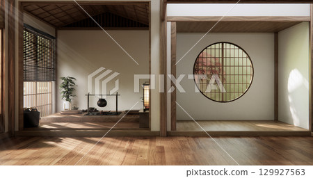 Circle window japan style on Empty room minimalist room interior, 3D rendering 129927563