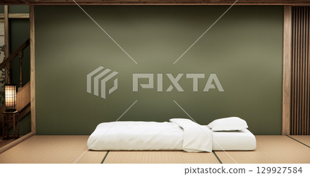 Japanese Minimalist Bedroom Interior with Wooden Wall Panels, Platform Bed, and Zen Lighting Design.3D rendering Japanese Minimalist Bedroom Interior with Wooden Wall Panels, Platform Bed, and Zen Lighting Design.3D rendering 129927584