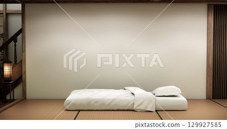 Japanese Minimalist Bedroom Interior with Wooden Wall Panels, Platform Bed, and Zen Lighting Design.3D rendering 129927585